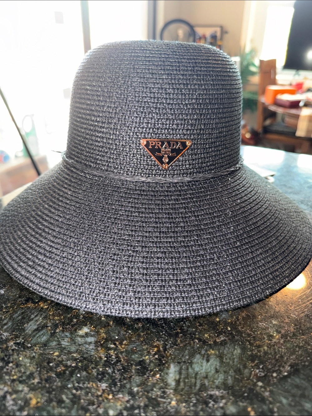 Black Woven Straw Sun Hat with Logo Plaque